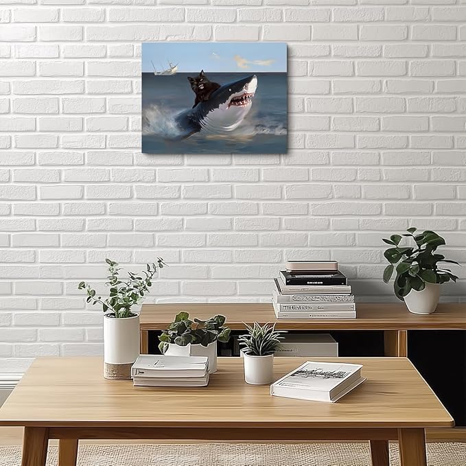 TBT Funny Cat Canvas Wall Art, Funny Quirky Cat and Shark Pictures Canvas Print Animal Lover Gifts Abstract Cats Shark Posters Wall Decor for Living Room Bathroom Kitchen Farmhouse Decor 11.5x15In