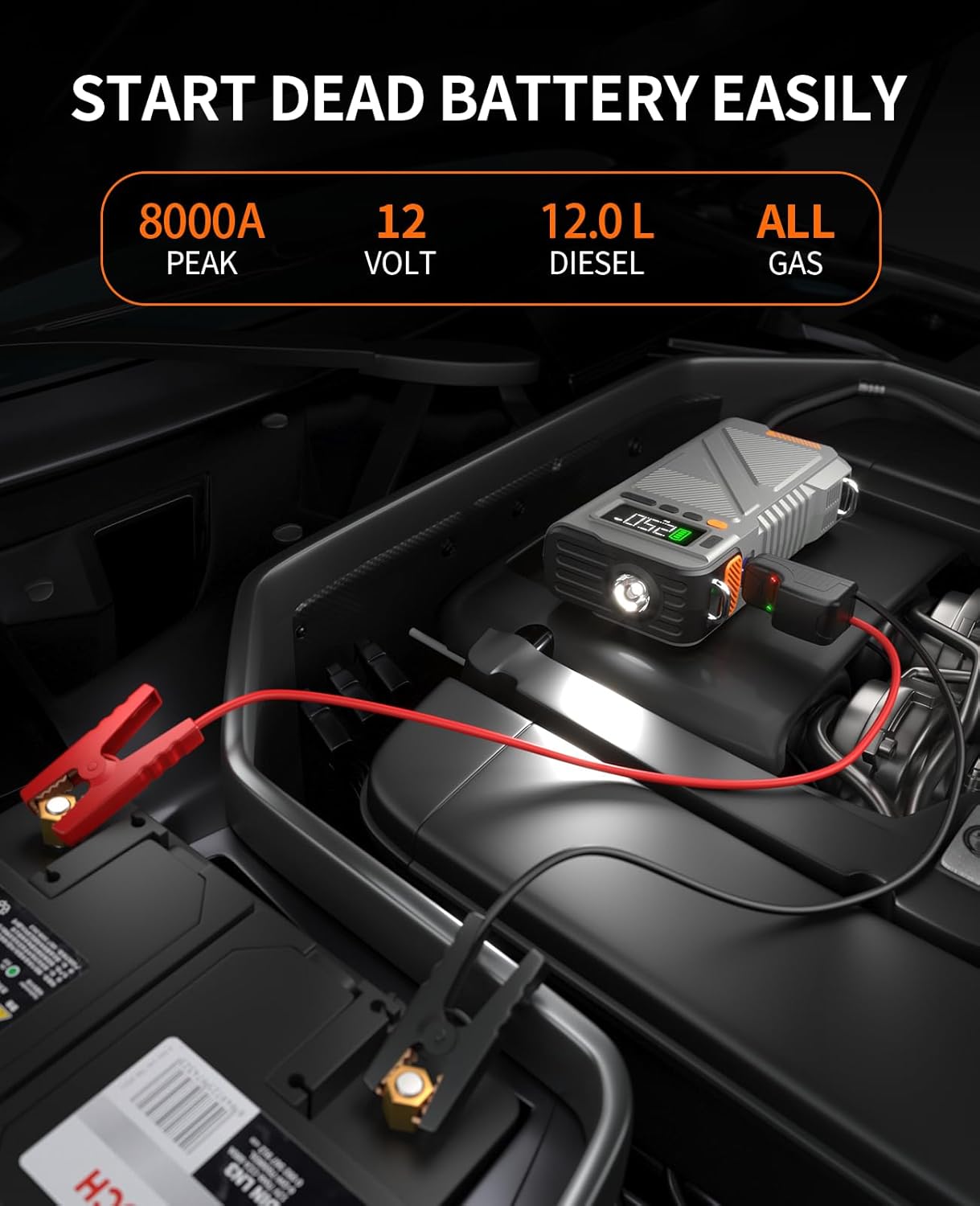 Portable Car Jump Starter with Air Compressor, 8000A Jump Box Combo 150PSI Tire Inflator, 12V Vehicle Jumpstarter Power Pack for All Gas/12L Diesel