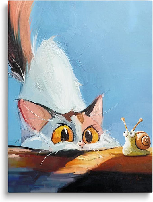 TimAsh Framed Funny Cat Wall Art Cat Staring at Snail Canvas Wall Decor Cartoon Cute Kitten Poster Painting Prints for Bedroom Bathroom Living Room 16'' x 12''
