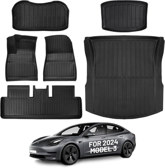 Floor Mats for 2024 2025 Tesla Model 3 Custom All Weather TPE Waterproof Anti-Slip Trunk Mats Front & Rear Cargo Liner Interior Accessories Custom Fit for 6 Car Mats 5-Seater (Not Fit 7-Seat)