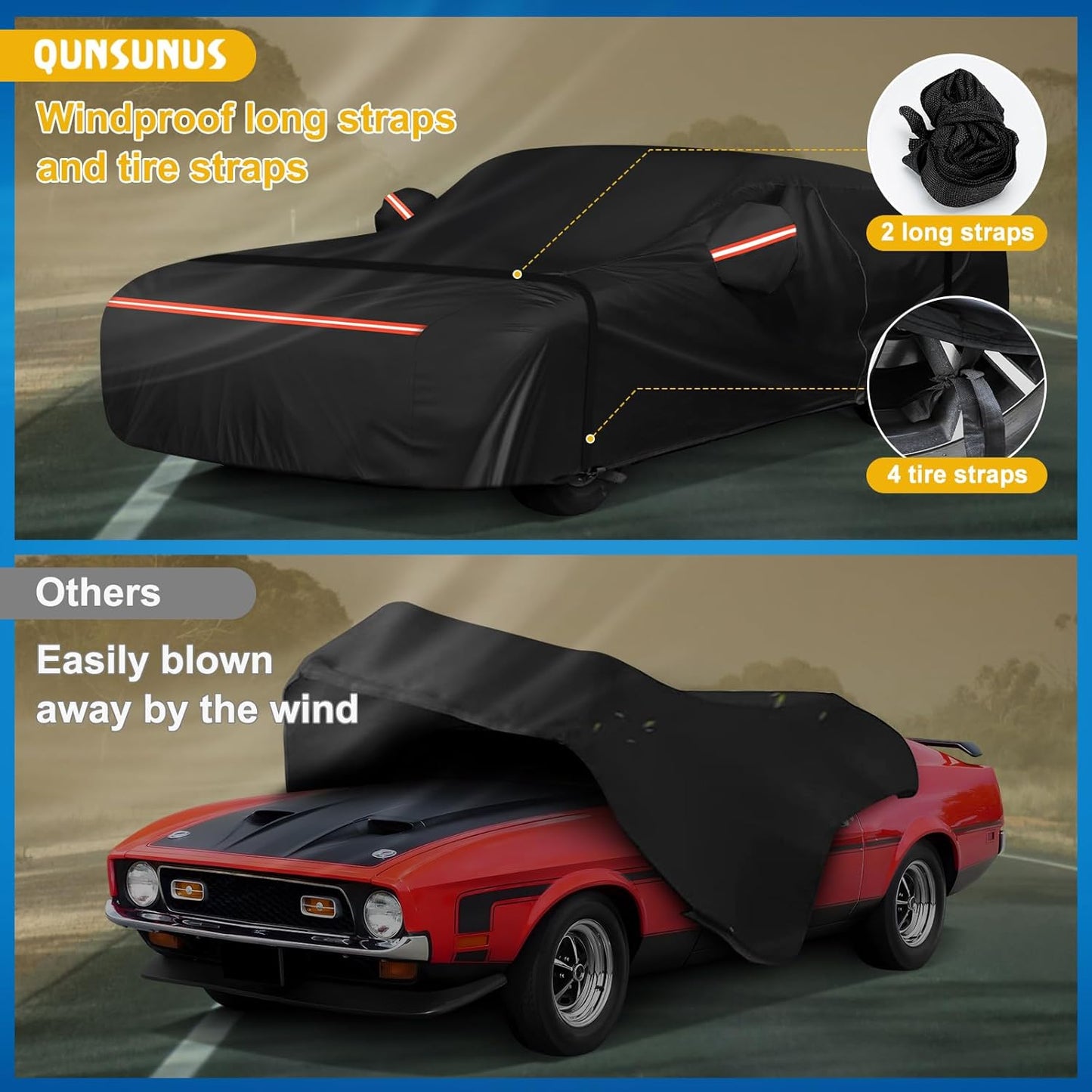 QUNSUNUS Waterproof Car Cover for Ford Mustang 1969-1973, Outdoor Car Covers with Zipper, All Weather Full Exterior Cover with Straps and Elastic Edges for Wind, Sun, UV and Dust Protection