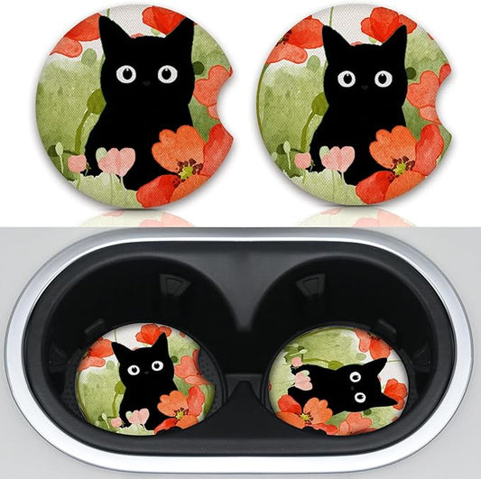 Car Coasters for Cup Holders,Balck Cat Cute Car Assecories for Women,Pack of 2 Cup Holder Coasters for Car,2.75" Anti Slip Rubber Car Cup Mat with A Finger Notch.