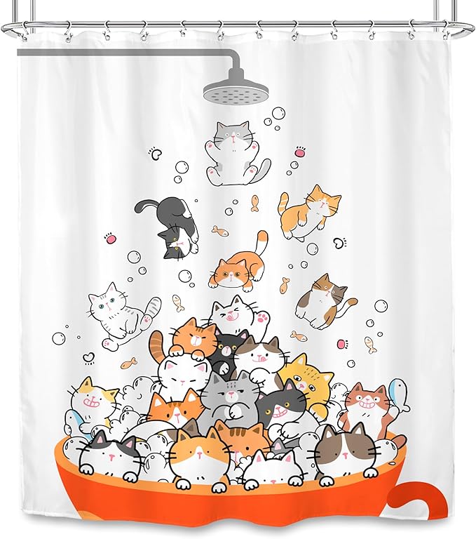 SVBright Cute Cats Shower Curtain 60Wx72L Inch Kids Cartoon Animal Funny Raining Hilarious Lovely Pets Playing Water Kawaii Girls Boys 12 Pack Hooks Polyester Waterproof Fabric Bathroom Bathtub Panels