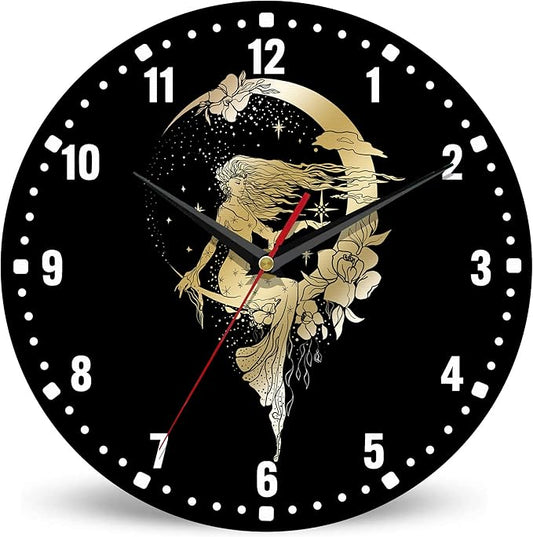 SPUNKER Clock for Bedroom,Moon Stars Queen Wall Clocks,Woman Flower Battery Operated Wall Clock Silent Non-Ticking Decorative for Home Kitchen Bathroom Living Room Bedroom Office 10 Inch