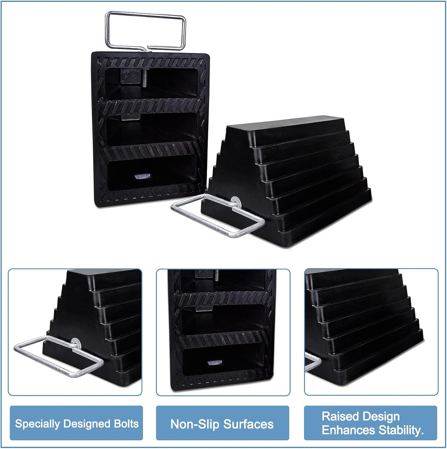 2 Packs Rubber Heavy Duty Wheel Chocks for Travel Trailers with Eye Bolt, Solid Wheel Chock Stopper for Camper, RV, Cars and Truck, Black, 9" Length x 7.1" Width x 5.5" Height