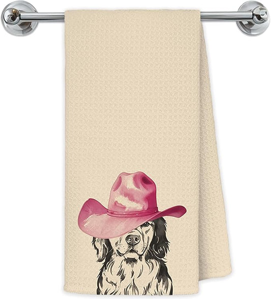 Western Golden Retriever Kitchen Towels, Gifts for Golden Retriever Lovers Hand Towels for Bathroom Kitchen, Pink Cowgirl Hat Dog Decorative Dish Towels Drying Cloth, 16x24 Inch