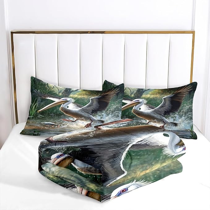 Wildlife Theme Comforter Set Twin Modern Bedroom Decor Bedding Set Funny Aesthetic Animal Bedding Nature Bird Fish Pattern Bed Set with 1 Pillowcase Soft Microfiber
