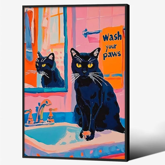 Black Cat Wash Your Paws Fun Wall Art Funky Colorful Bathroom Animal Poster Playful Kitsch Dopamine Aesthetic Canvas Pictures 16x24 inch Black Framed for Bathroom Wall Decor