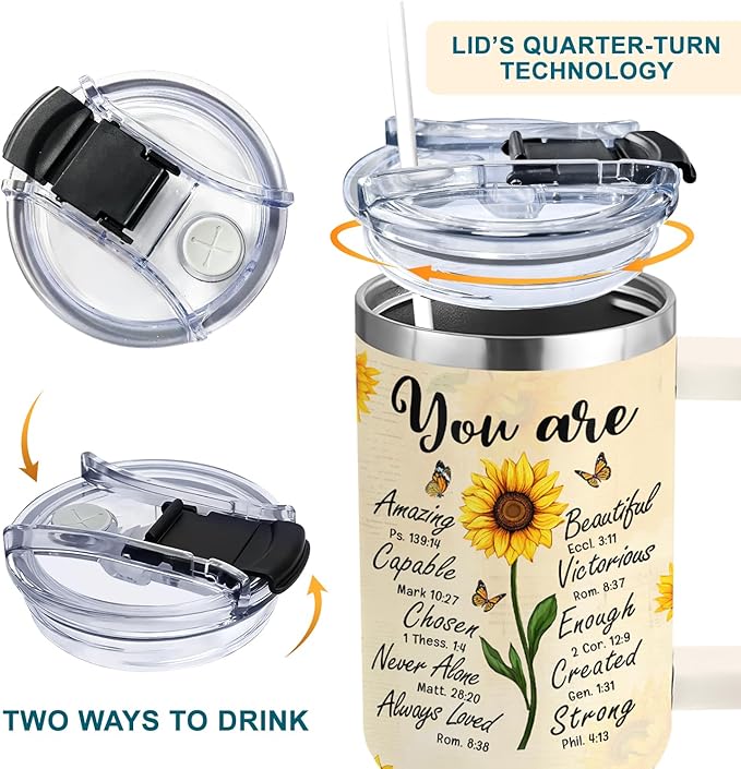 Sunflower Gifts for Women - Christian, Religious Gifts for Women - Encouragement Gift for Woman on Birthday, Mothers Day, Christmas - Sunflower Tumbler 40 oz with Handle & Straw