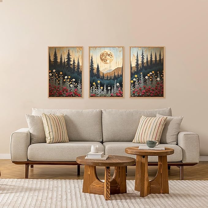 Vintage Moon Forest Framed Canvas Wall Art Set, Wildflower Forest Mountain Wall Decor, Nature Pine Tree Wall Painting, Colorful Floral Art Prints for Living Room, Bedroom, Office - 16"X24"X3