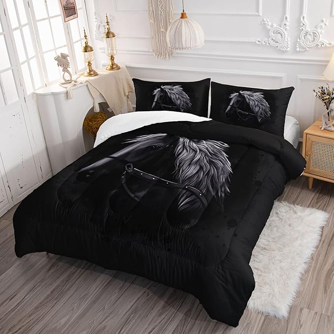 Bedding Comforter Set Black Horse Dark Horse Printed Pattern Quilt Bedding Set with 1 Comforter and 2 Pillowcases for Girls and Boys Bedroom All Season(Black Horse Queen)