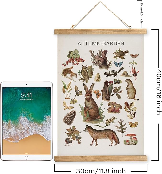 XIAOAIKA Autumn Garden Wildlife Poster - Vintage Illustrated Seasonal Fauna and Flora Chart with Wooden Frame - Educational Wall Art for Home, Classroom, or Nature Enthusiast 12 x 16 Inches