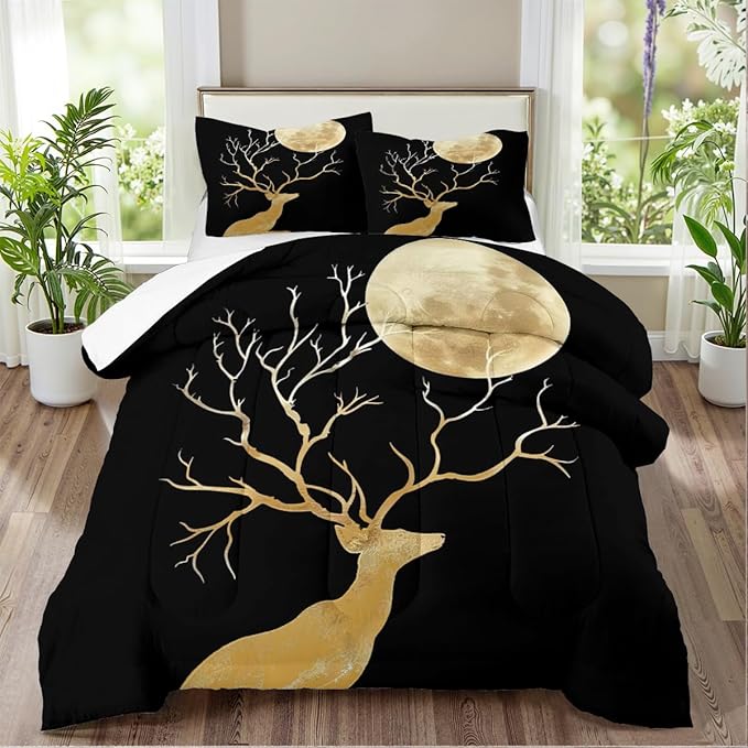 Black Gold Deer Comforter Set Full Size Unique Design Deer and Moon Bedding Set Chic Animal Bedding Modern Bedroom Decor Down Comforters Soft Microfiber Comforter Sets for Boys Girls