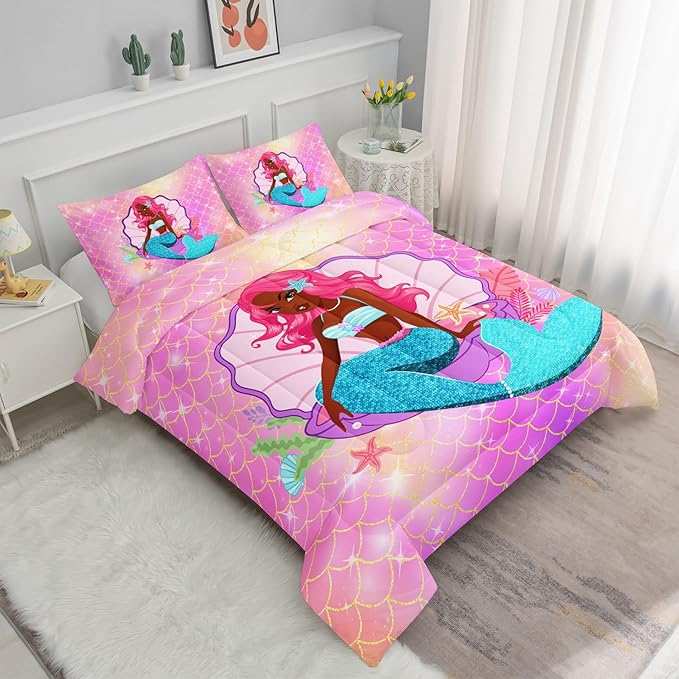Bedding Comforter Set Black Girl Magic Mermaid Printed Pattern Quilt with 1 and 2 Pillowcases for Girls Bedroom All Season(Black Pink Queen) Queen 90x90inches