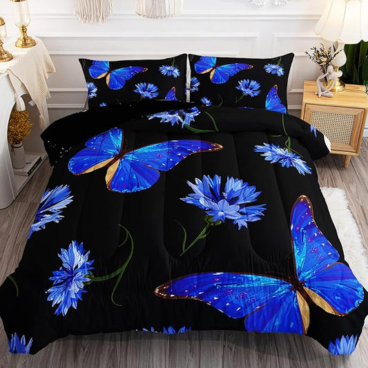 BSNTHO Butterfly Comforter Set for Girls Kids Royal Blue Daisy Floral Bedding Sets Mysterious Black Blue Butterfly Comforter Twin Size with 1 Comforter and 2 Pillowcases
