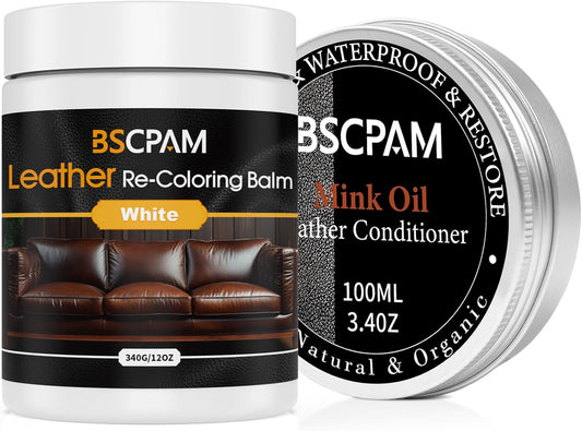 12oz Leather Recoloring Balm & 3.4oz Mink Oil Leather Conditioner kit,White Leather Color Repair Kits for Couches, Leather Couch Paint Scratch Repair for Furniture Car Sofa Shoes Leather Dye