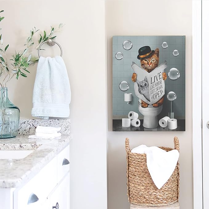 Bathroom Decor Canvas Wall Art Cute Cat Sitting in Toilet Reading Newspaper Pictures Farmhouse Bathroom Animals Wall Decor Painting for Bathroom Toilet Artwork Framed 16"x20"
