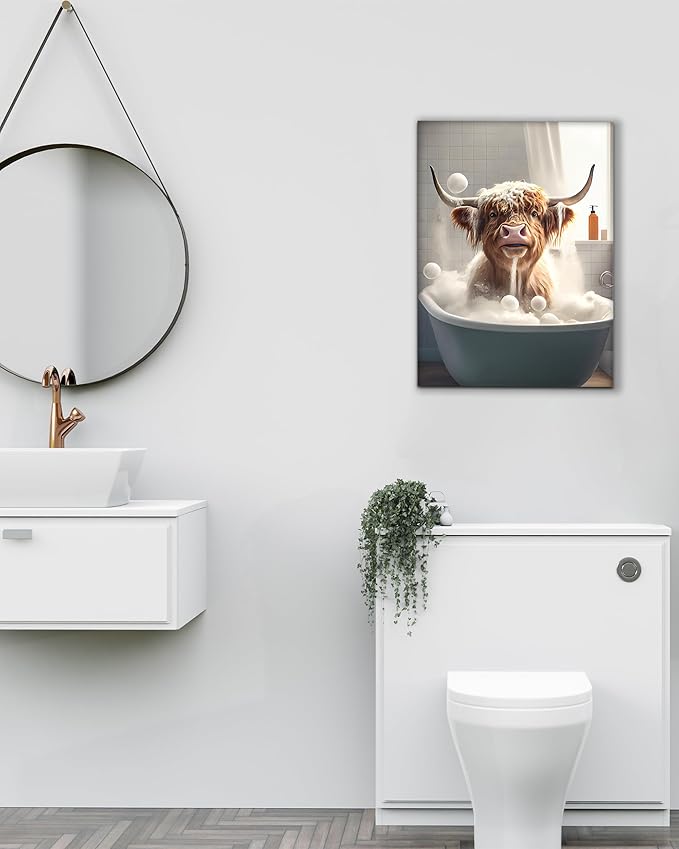 UPWOIGH Bathroom Wall Art, 12x16in Highland Cow Wall Decor,Waterproof Wood Framed Canvas Wall Art, Cute Funny Animal Bathing Abstract Prints,Modern Home Décor for Bedroom Classroom Farmhouse Gift
