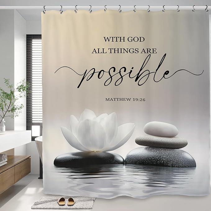 Zen Lotus Spa Shower Curtain 60Wx72L Inch Ink Quotes Meditation Inspirational Motivational Bible Bathroom Set Accessories Decor with 12 Pack Hooks