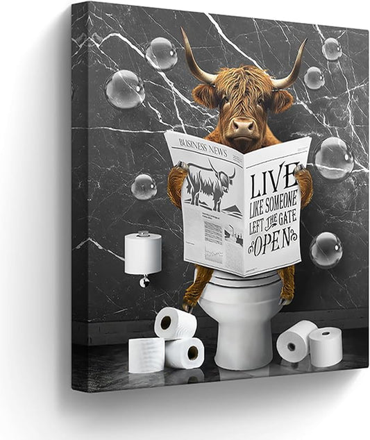 Bathroom Decor Canvas Wall Art Highland Cow Pictures Bathroom Wall Decor Cow Sitting in Toilet Painting Black and White Wall Art for Bathroom Toilet Artwork Framed 16"x20"