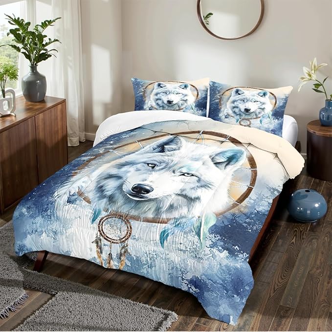 White Wolf Comforter Set Full Dreamcatcher Wolves Safari Animal Bedding Set with 2 Pillowcases