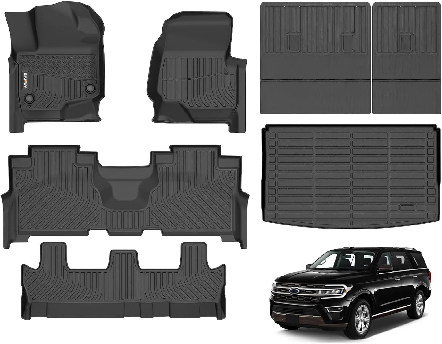 GINOWY-Floor Mats & Cargo Liner for Ford Expedition MAX 2021-2025 Bench Seat 8 Passenger TPE Rubber All Weather Car Floor Mats Expedition Accessories Floor Liners Black