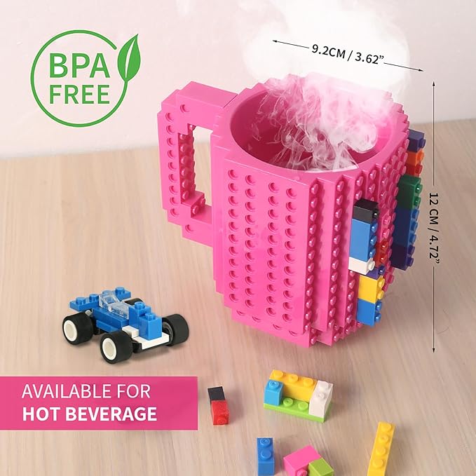 Build-on Brick Coffee Mug, Funny DIY Novelty Cup with Building Blocks Creative for Kids Men Women Xmas Birthday (Rose)
