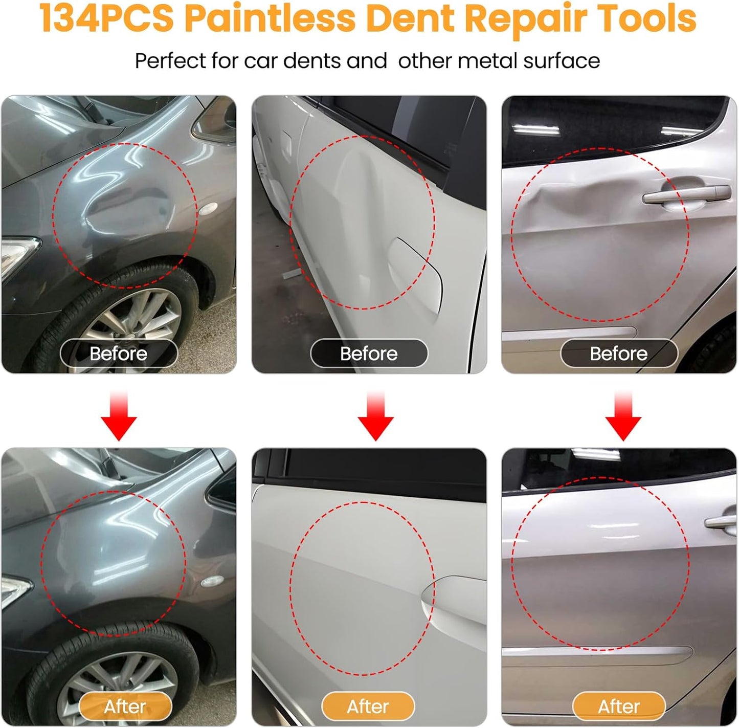 134PCS Dent Puller, Paintless Dent Removal Kit – All-in-One Car Dent Puller Kit with Slide Hammer 2 in 1 T-Bar, Golden Lifter, Bridge Puller–Dent Repair for Hail, Dings