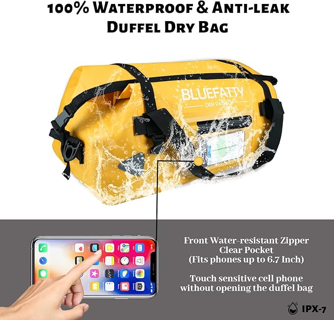 Waterproof Motorcycle Duffel Bag Roll Top Dry Duffel Bag with Quick-fixed Straps for Rafting, Boating, Kayaking, Travel, 50L(Yellow)