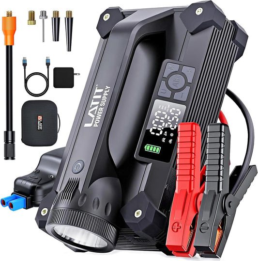 LATIT 6000A Jump Starter with Air Compressor 150PSI 65W Charger, 12V Battery Jumper Starter Pack Portable (10L Gas/8L Diesel), 103.6Wh Jump Box Battery Charger with LCD Display, Lights 2000 LM
