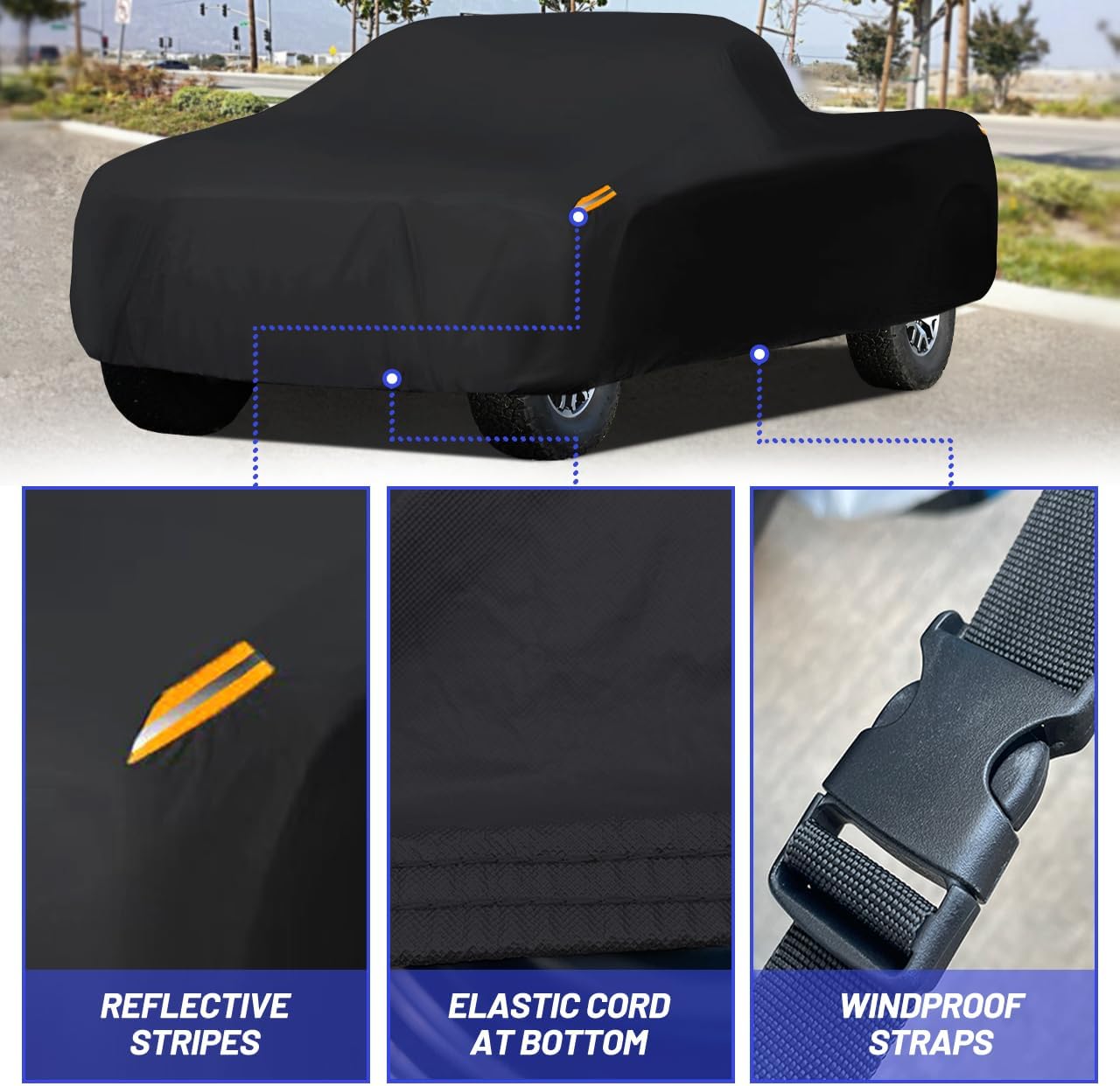 MORNYRAY Waterproof Car Cover All Weather Snowproof UV Protection Windproof Outdoor Full Truck Cover, Universal Fit for (All Black, Fit Truck Length 242-250 inch)