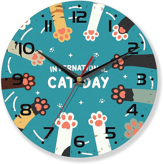 Wall Clock,Cute Cat Paw Wooden Wall Clocks Art Hanging Silent Non-Ticking Wall Clock Battery Operated Round Home Arabic Numeral Decorative Wall Clocks 10 Inch