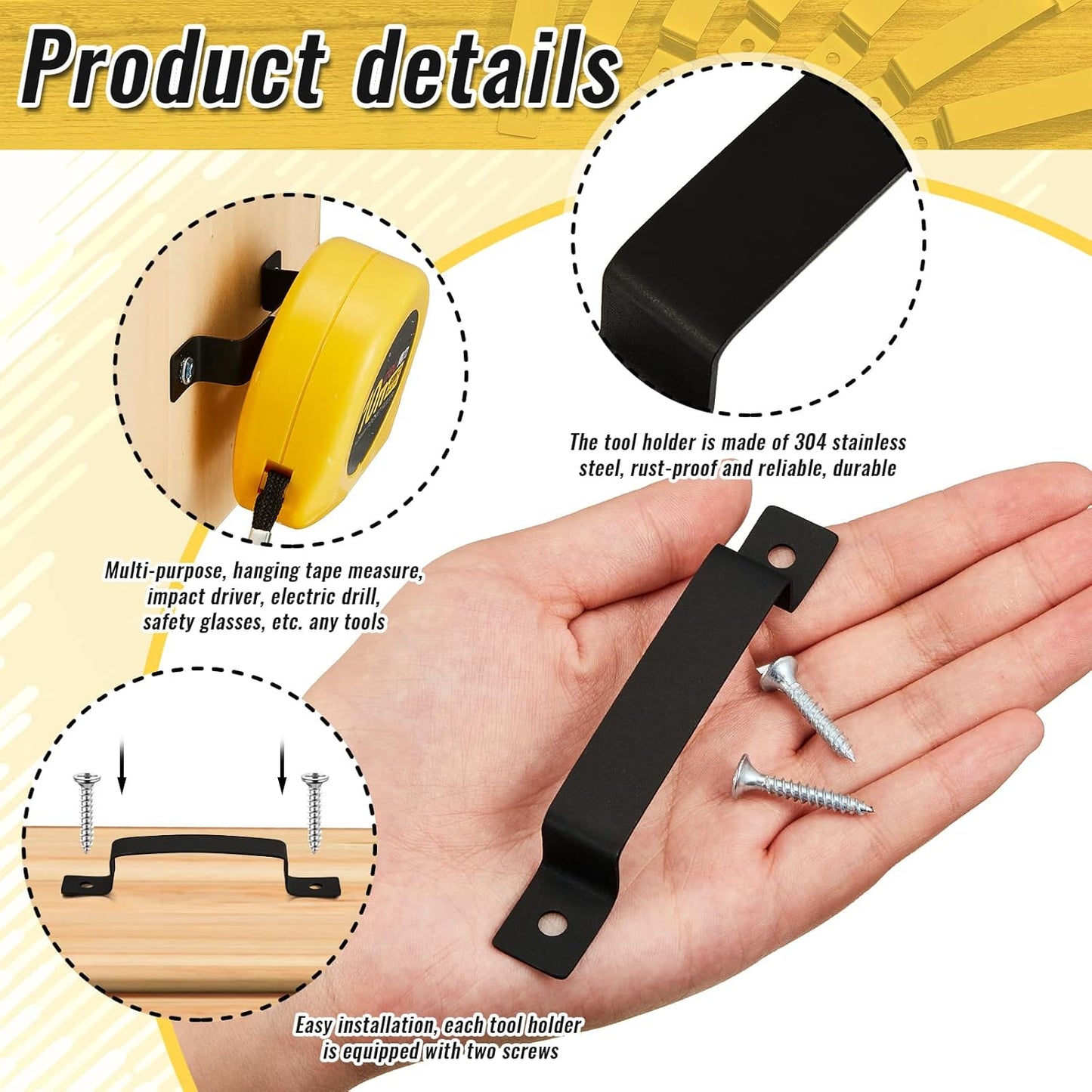 12 Pcs Tape Measure Clip Tape Measure Holder Bench Belt Universal Tool with Screws Stainless Steel Tool Hanger Storage Dock for Mount Drill Power Measures and Belt Clips (Black)