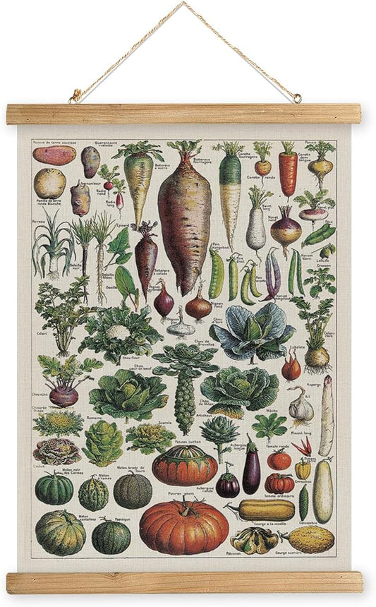 XIAOAIKA Vintage Vegetable Varieties Poster - Illustrated Garden Produce Chart with Wooden Frame - Educational Kitchen Wall Decor Art for Home Chefs and Gardeners 12 x 16 inches