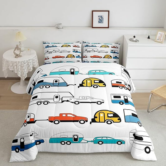 Camper Comforter Set King, Happy Camping Bedding Set for Kids Boys Girls Children, Camping Trailer Travel Car Pattern Bedding Comforters & Sets, Cartoon Car Down Comforter RV Accessories, Colorful
