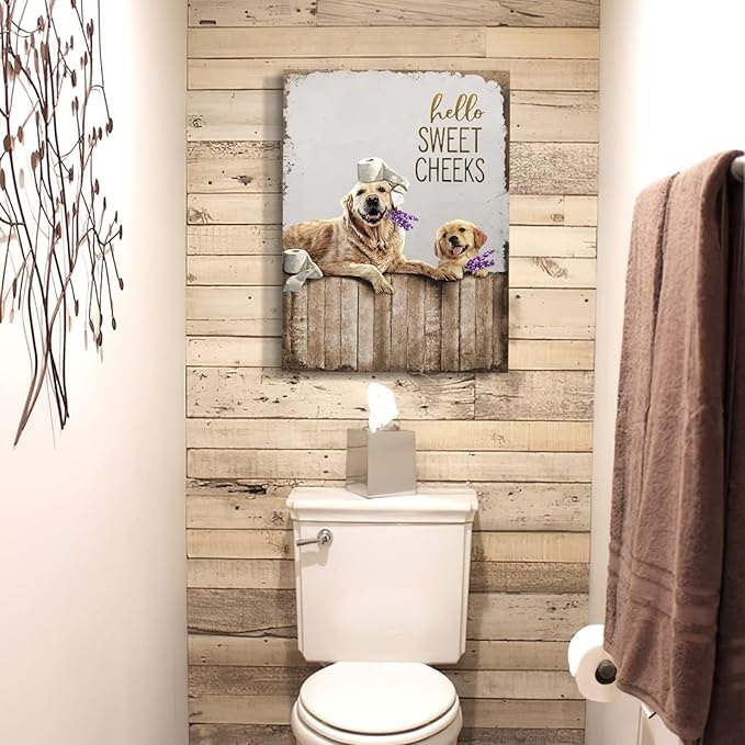 Bathroom Decor Wall Art Dog Pictures Wall Decor Golden Retriever Painting Funny Farmhouse Bathroom Wall Art for Bathroom Toilet Rustic Animals Bathroom Artwork Framed 16"x20"