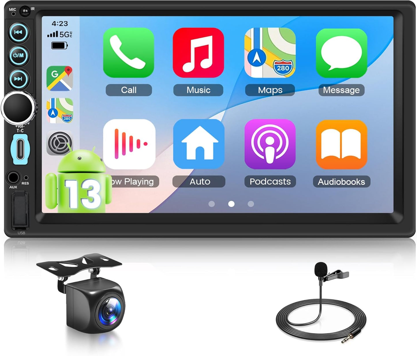 4GB+64GB Double DIN Car Stereo 8 CORE Android 13.0 Head Unit, Wireless CarPlay & Android Auto, 7-Inch Touch Screen Car Radio with BT5.0 EQ Mirror Link Volume Knob Back Light SWC Backup Camera USB-C