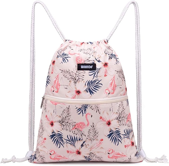WANDF Drawstring Backpack String Bag Sackpack Cinch Water Resistant Nylon for Gym Shopping Sport Yoga (Flamingo)