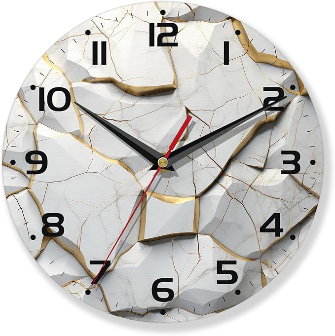 White Wall Clock,Marble Wooden Wall Clocks Art Hanging Silent Non-Ticking Wall Clock Battery Operated Round Home Arabic Numeral Decorative Wall Clocks 10 Inch