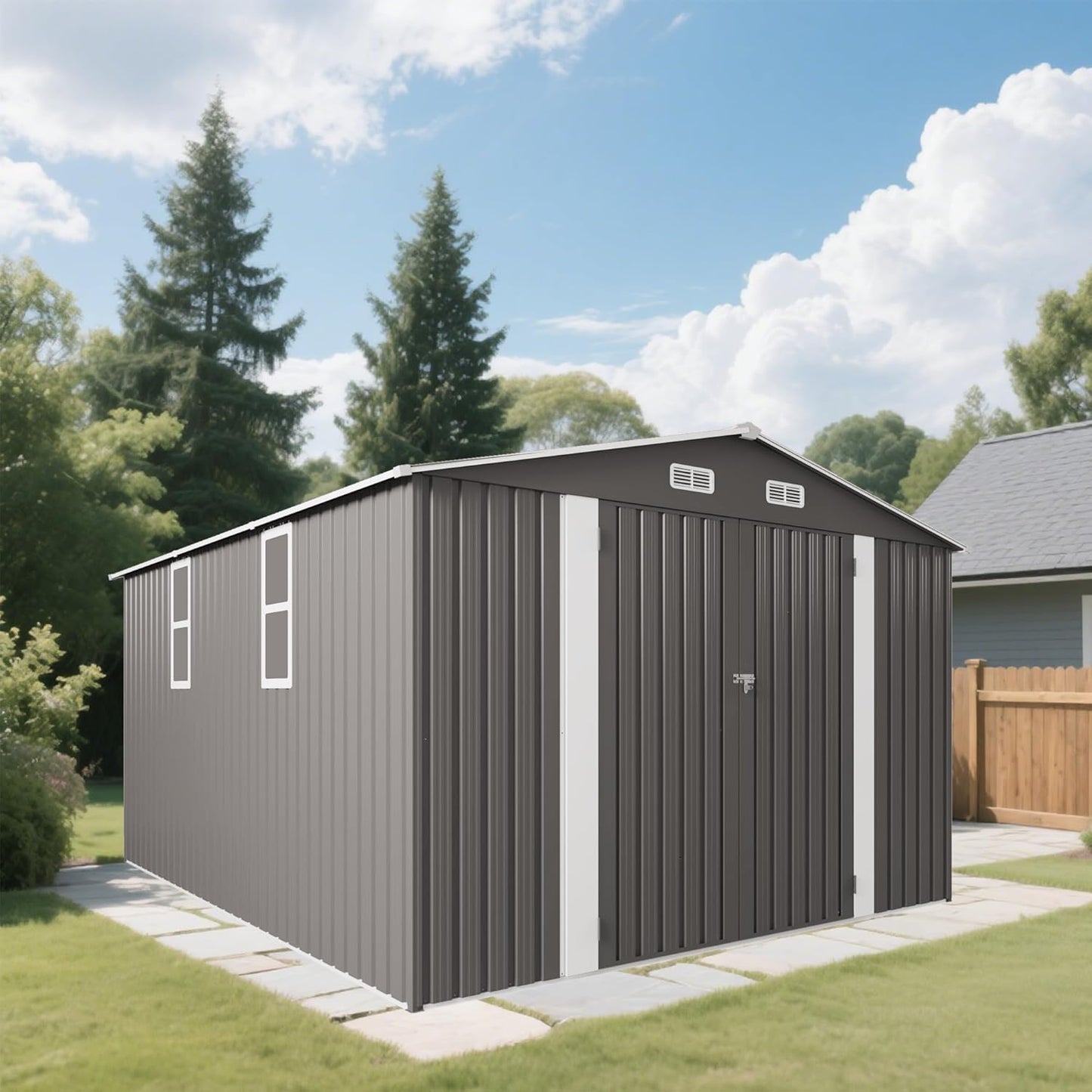10 x 12 FT Large Outdoor Storage Shed w/ 2 Clear Window, Heavy Duty Metal Garden Sheds with Lockable Door & Air Vents, Waterproof Tool House for Bicycles, Tools, Backyards, Patios, Lawns, Gray