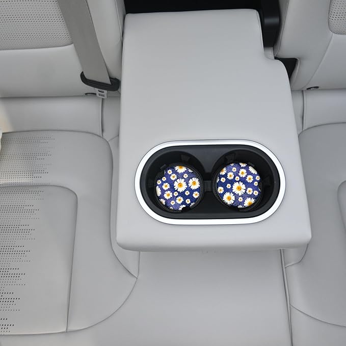 White Flowers Car Coasters for Drinks Absorbent,2 Pack Cup Holders,2.56" Ceramic Stone & Non-Scratch Cork Base Coasters,Auto Accessories for Women & Men.
