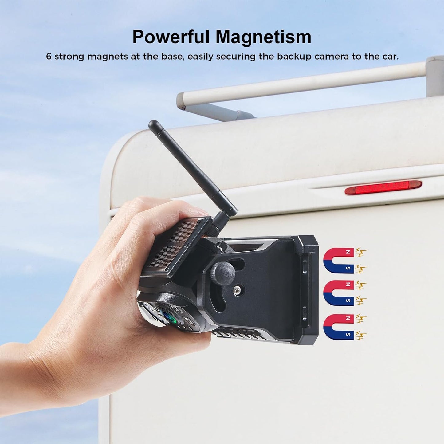 Wireless Magnetic Backup Camera, 9600mAh Battery Powered Rechargeable Waterproof HD Solar Back Up Rear View Bluetooth Hitch Camera with 7 Inch 1080P Monitor System for Car Truck Trailer RV VN003