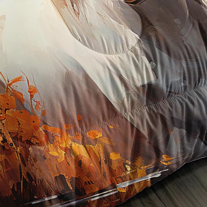 White Brown Horses Comforter Set Queen Size,Watercolor Painting Autumn Leaves Bedding Set for Kids and Adults Bedroom Horse Decor,Natural Scenery Aesthetics Comforter Set with 2 Pillowcases.