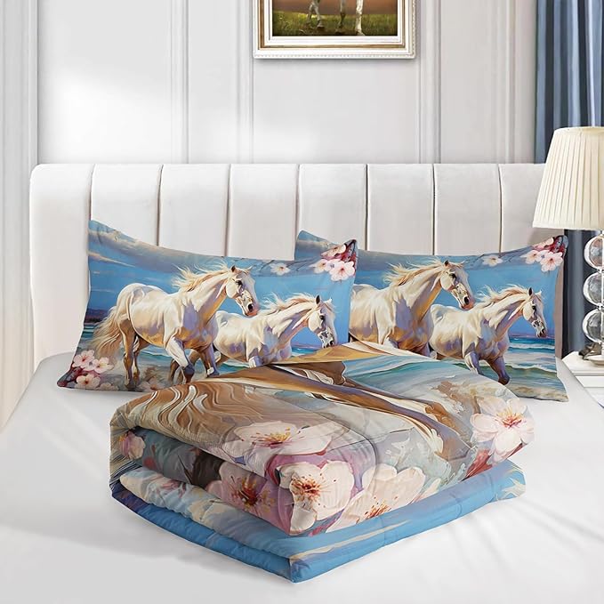 Western Farmhouse Horse Comforter Set,Pink Cherry Blossoms Bedding Sets for Kids Teens Girls Room Decoration,Coastal Beach Theme Bedding Queen Size Comforter Sets for Girls with 2 Pillowcases.