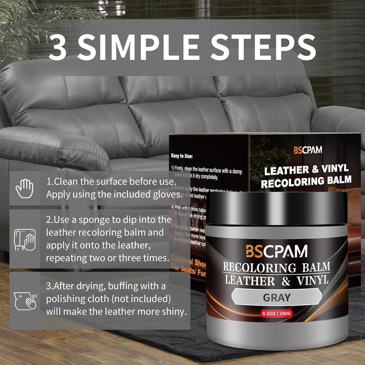 Gray Leather Recoloring Balm,Leather Couch Scratch/Stain Remover,Leather Repair kit for Vinyl Furniture and Car Interior,Leather Dye Paint for Scratched and Faded Leather Couches