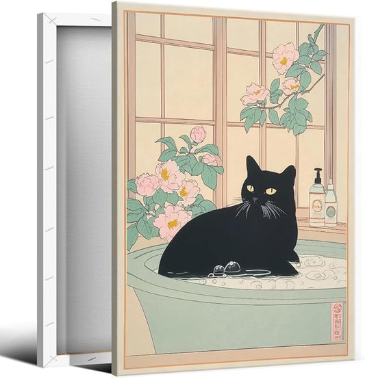 Black Cat Canvas Wall Art, Funny Japanese Cat Bathroom Poster, Cat In A Bubble Bathtub Painting, Neutral Japan Cat Aesthetic Print, Cat Pink Flowers Green Botanical Picture 16x24in Wrapped Canvas
