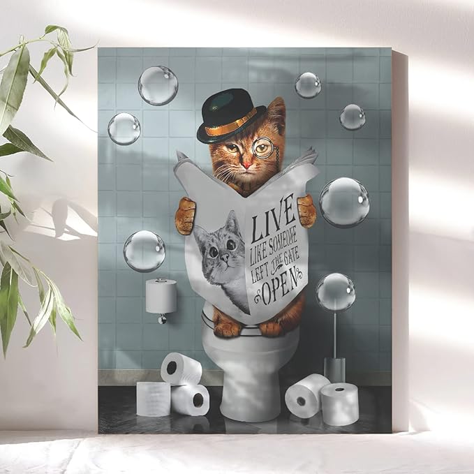 Bathroom Decor Canvas Wall Art Cute Cat Sitting in Toilet Reading Newspaper Pictures Farmhouse Bathroom Animals Wall Decor Painting for Bathroom Toilet Artwork Framed 16"x20"