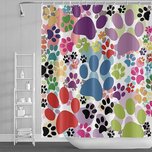 65x72inch Colorful Cartoon Dog and Cat Pawprints Kids' Shower Curtain Cute Animal Lovely Pet Puppy Cat Claw Prints Bath Curtain for Children Baby Bathroom Decor Fabric Polyester with Hooks