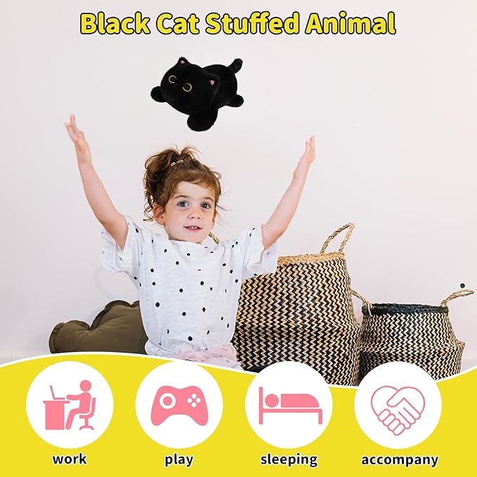 Weighted Black Cat Plush,Weighted Black Cat Stuffed Animal for Kids,Cute Stuffed Cat Plush Pillow,Soft Cat Plushies Toys Gifts for Kids