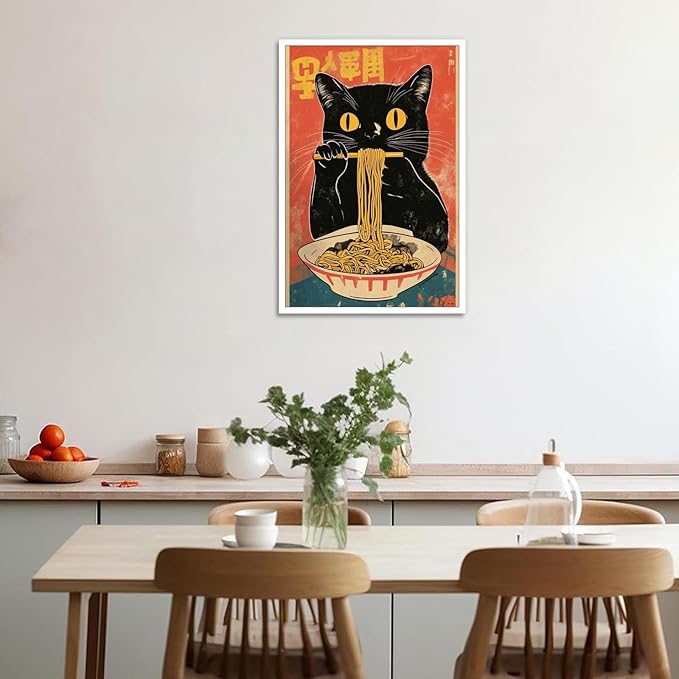 Vintage Cute Black Cat Eats Lamian Noodles Poster Prints Lamian Noodles Canvas Wall Art Cute Black Cat For Home Bedroom Kitchen Dorm Wall Decor 16x24in Unframed